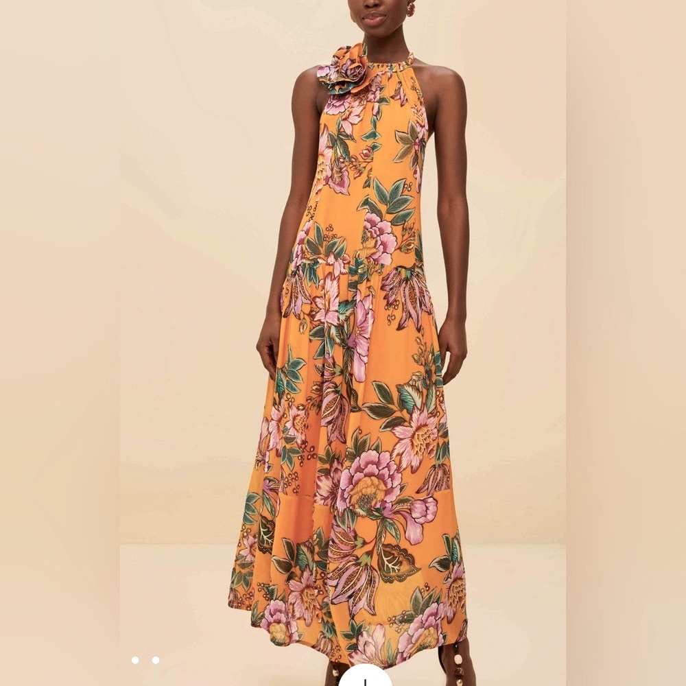 NWT Farm Rio Orange Wonderful Bouquet Maxi Dress